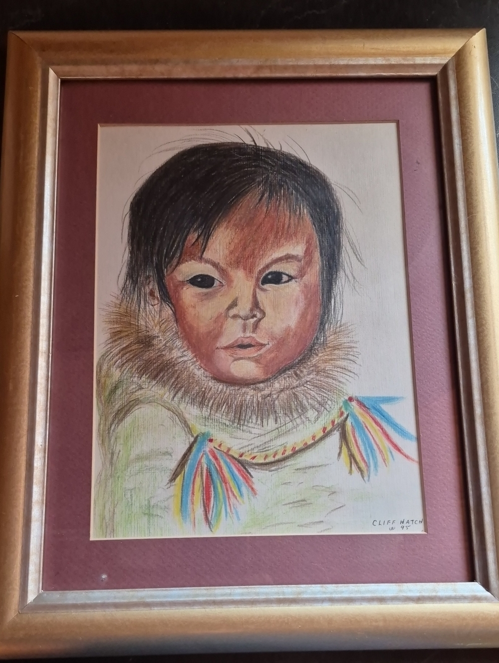 Framed Original Indigenous/ Inuit Child Portrait Art- Signed Cliff Hatch '95